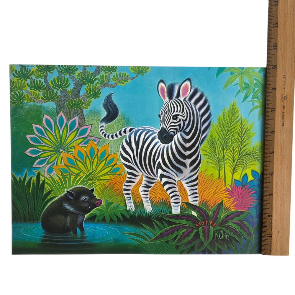 Vintage 1973 K Chin Zebra Tiger Jungle Art Prints Pair 12x9 Tropical - Picture 7 of 8